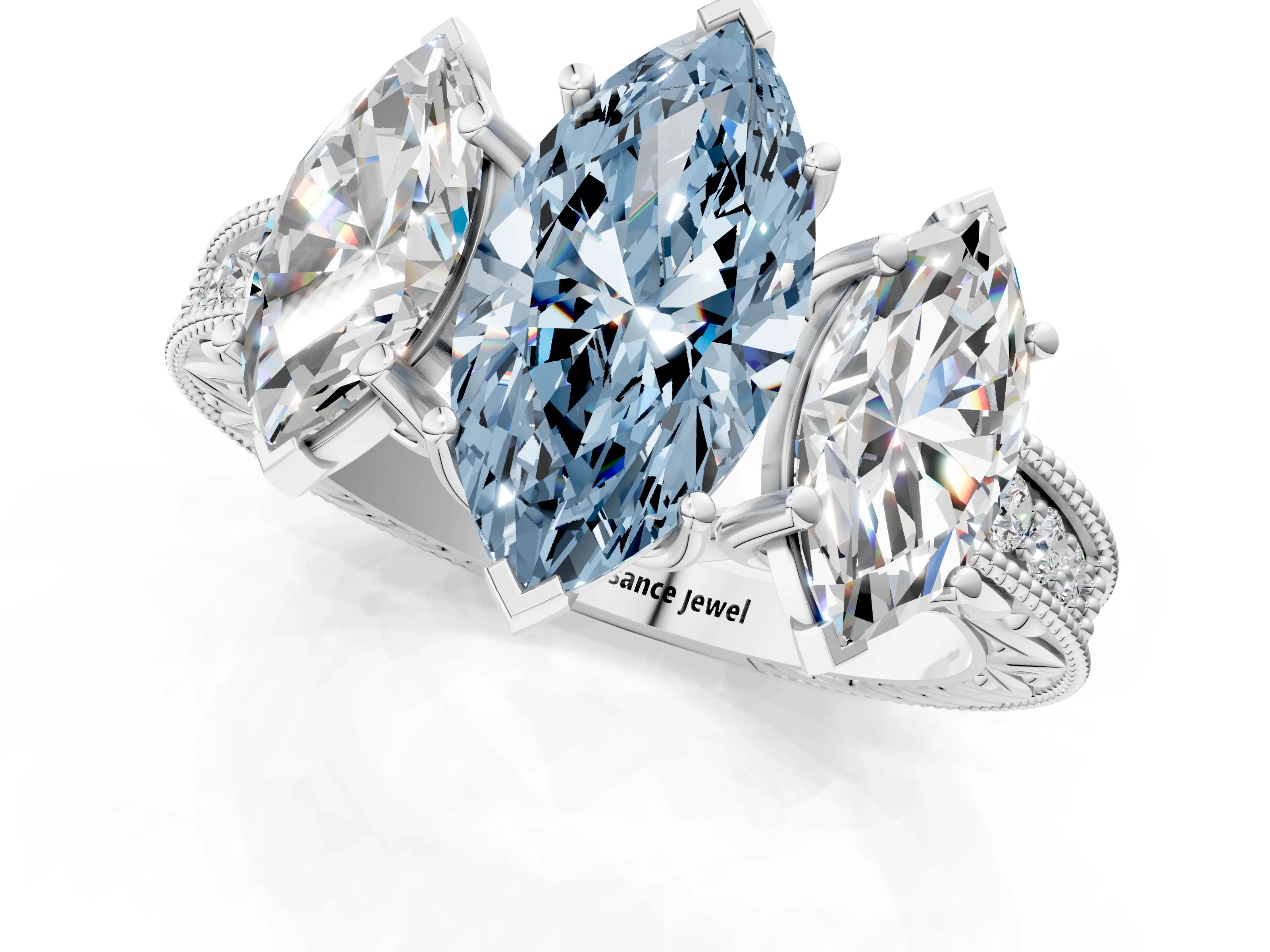 Silver Three-Stone Fancy Blue Marquise Cut Cut Milgrain Pavé Engagement Ring_19