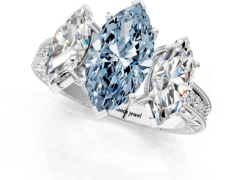 Silver Three-Stone Fancy Blue Marquise Cut Cut Milgrain Pavé Engagement Ring_19