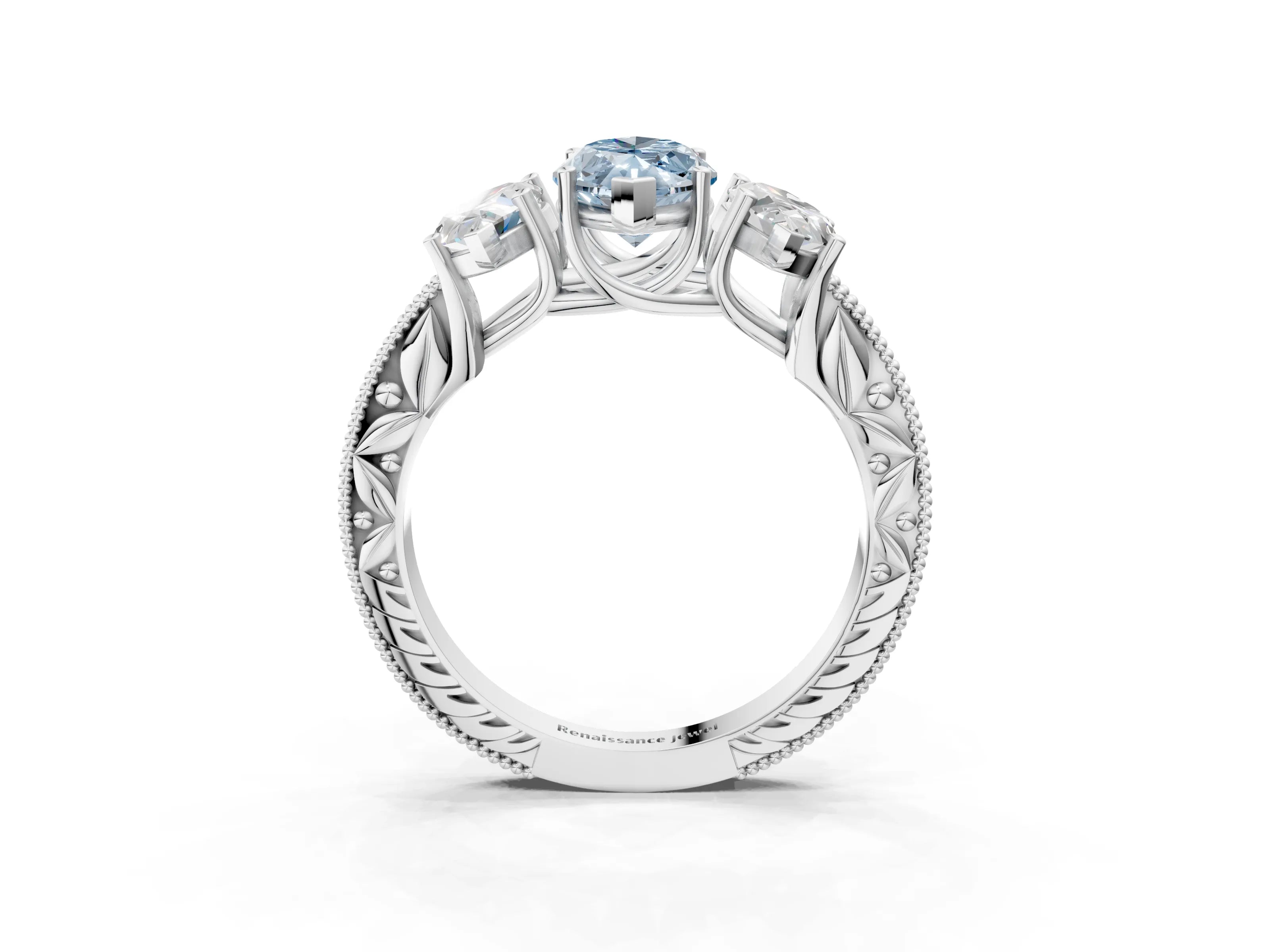 Silver Three-Stone Fancy Blue Marquise Cut Cut Milgrain Pavé Engagement Ring_21