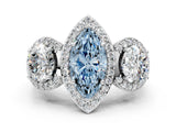 Silver Three-Stone Fancy Blue Marquise Cut Halo Diamond Milgrain Band with Four-Prong Setting_6