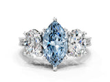Silver Three-Stone Fancy Blue Marquise  Diamond Milgrain Pave Band with Prong Setting 1