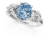 Silver Three-Stone Fancy Blue Oval  Brilliant Cut Solitaire Ring with Prong Setting on a Classic Band 1