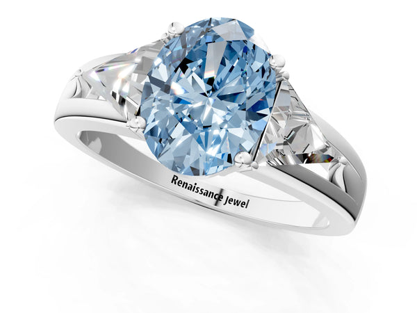 Sterling Silver Oval Split Shank Three Stone Engagement Ring Setting for Fancy Blue Center