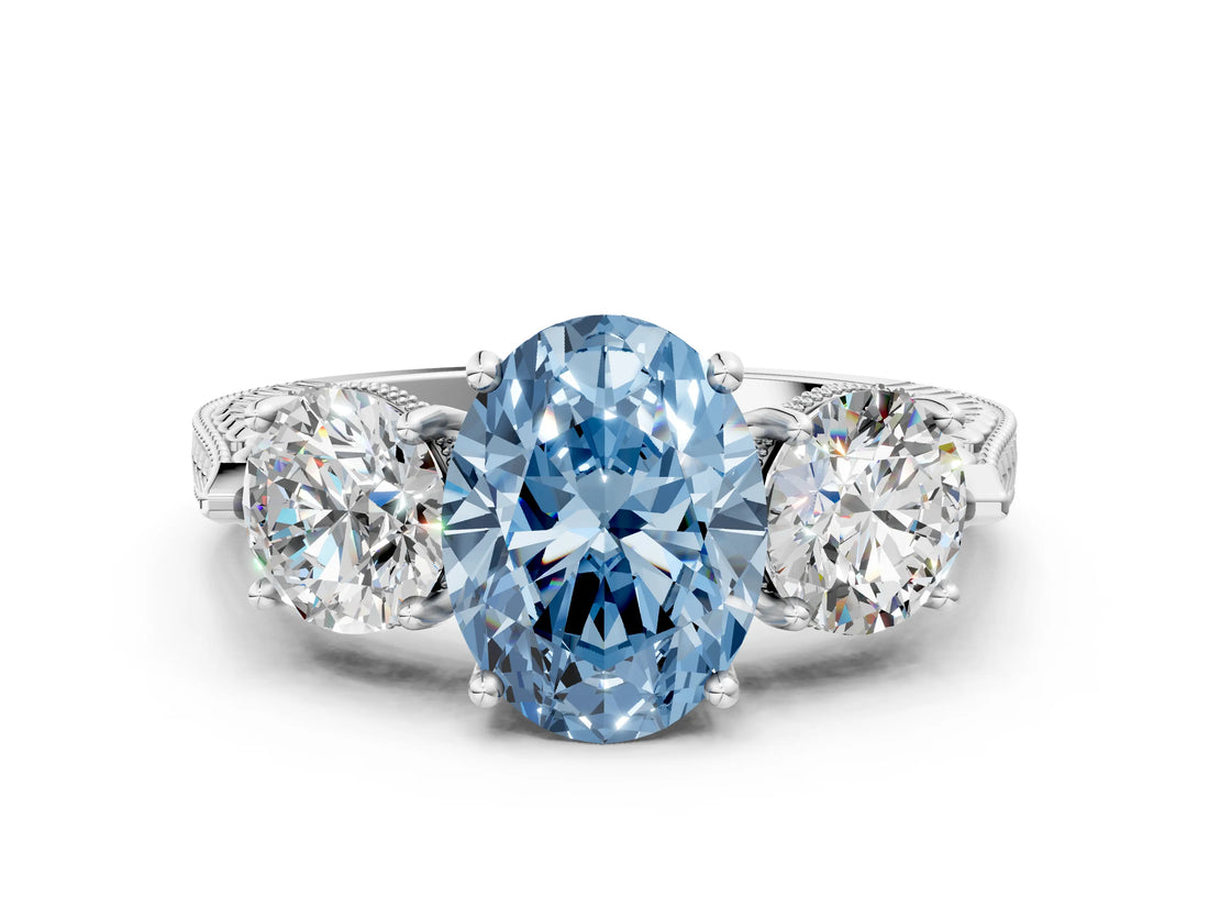 Silver Three-Stone Fancy Blue Oval Cut Cut Milgrain Band Prong Setting Ring_6