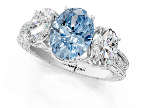Silver Three-Stone Fancy Blue Oval Cut Cut Milgrain Pavé Engagement Ring_19