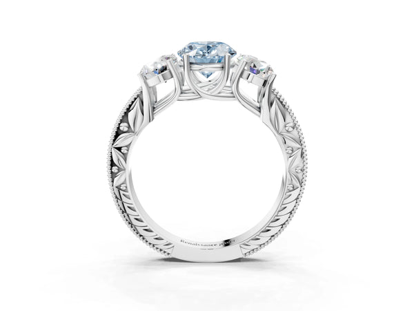 Sterling Silver Oval Engraved Three Stone Engagement Ring Setting for Fancy Blue Center