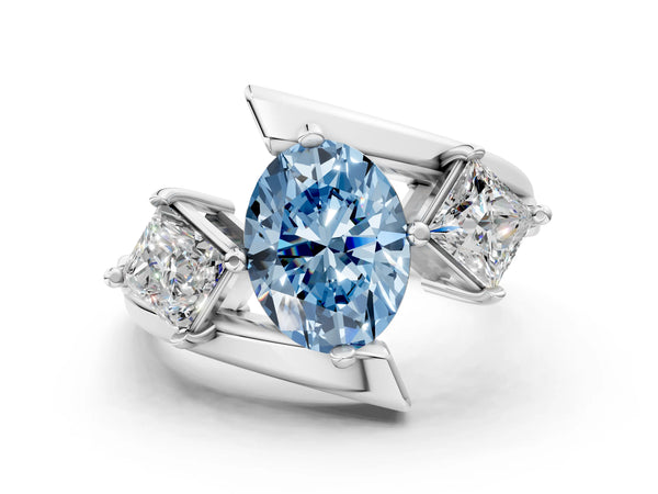 Silver Three-Stone Fancy Blue Oval Cut Cut Tension Band Ring with Four-Prong Setting