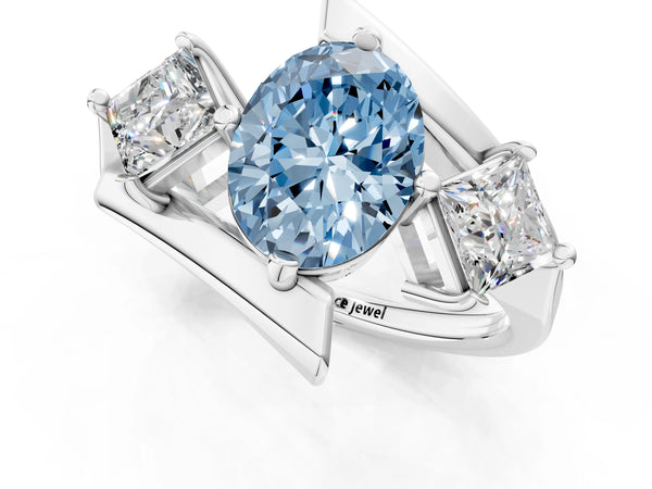 Silver Three-Stone Fancy Blue Oval Cut Cut Tension Band Ring with Four-Prong Setting