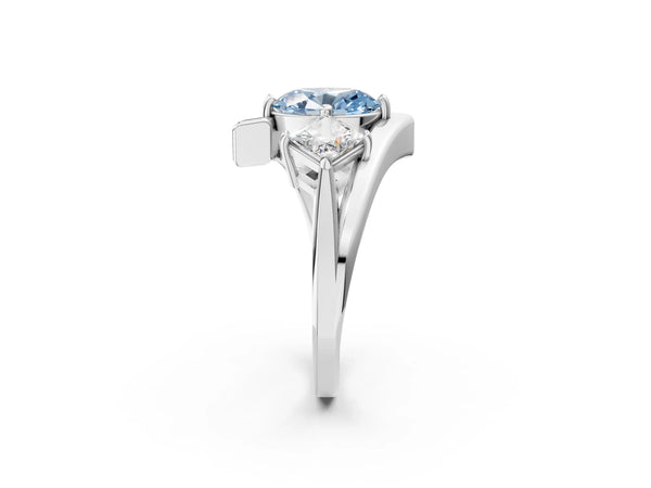 Silver Three-Stone Fancy Blue Oval Cut Cut Tension Band Ring with Four-Prong Setting