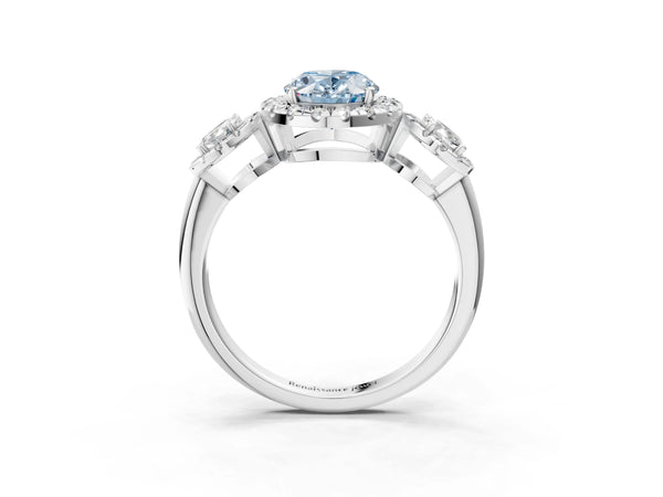 Silver Three-Stone Fancy Blue Oval Cut Halo Diamond Ring with Pave Band and Four-Prong Setting
