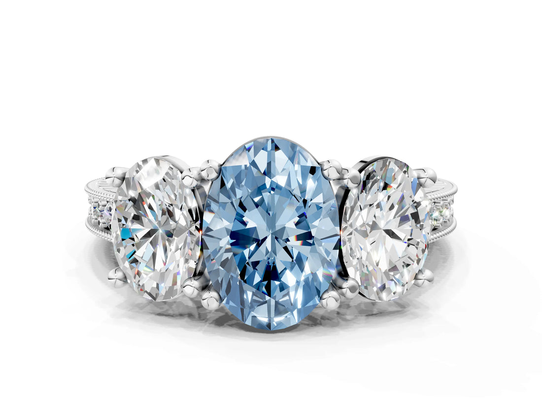 Silver Three-Stone Fancy Blue Oval  Diamond Milgrain Pave Band with Prong Setting 1