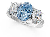 Silver Three-Stone Fancy Blue Oval  Diamond Milgrain Pave Band with Prong Setting 2