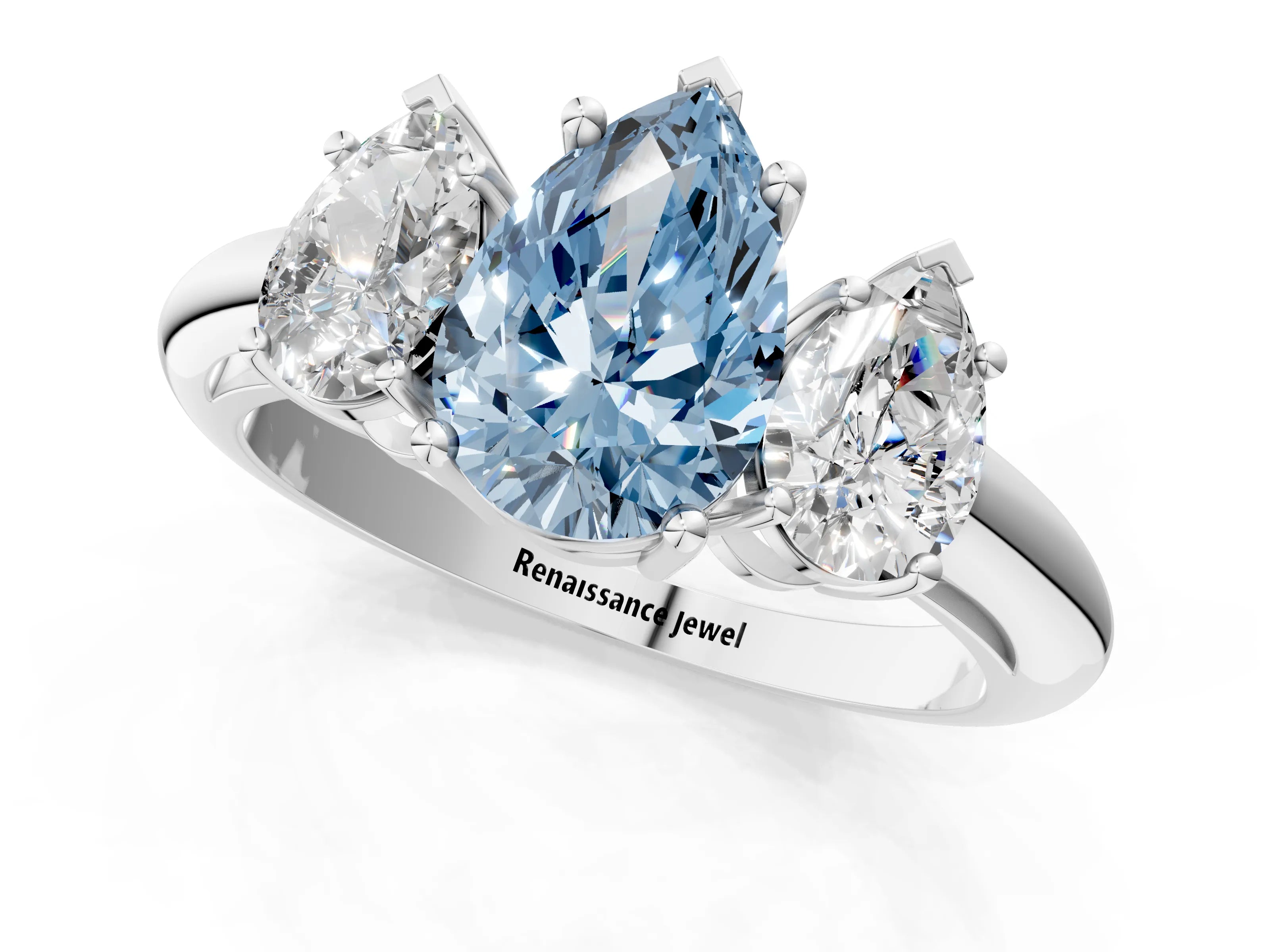 Silver Three-Stone Fancy Blue Pear Cut Cut Diamond Engagement Ring with Prong Setting on a White Gold Band_63