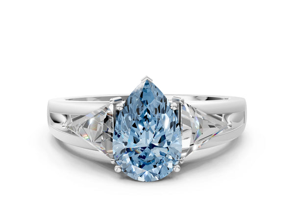 Sterling Silver Pear-Shaped Split Shank Three Stone Engagement Ring Setting for Fancy Blue Center