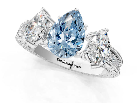 Silver Three-Stone Fancy Blue Pear Cut Cut Milgrain Pavé Engagement Ring_19