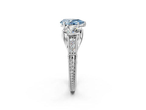 Silver Three-Stone Fancy Blue Pear Cut Cut Milgrain Pavé Engagement Ring_20
