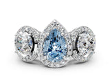 Silver Three-Stone Fancy Blue Pear Cut Halo Diamond Milgrain Band with Four-Prong Setting_6