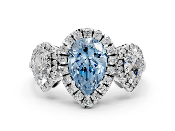 Silver Three-Stone Fancy Blue Pear Cut Halo Diamond Ring with Pave Band and Four-Prong Setting