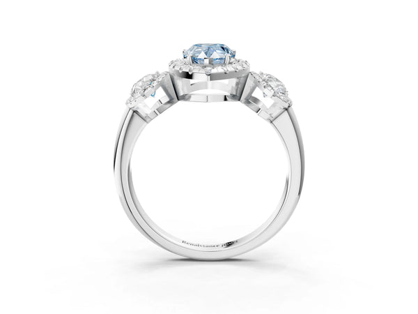 Silver Three-Stone Fancy Blue Pear Cut Halo Diamond Ring with Pave Band and Four-Prong Setting