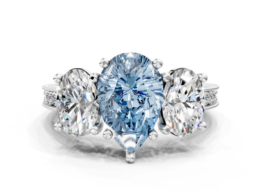 Silver Three-Stone Fancy Blue Pear  Diamond Milgrain Pave Band with Prong Setting 1