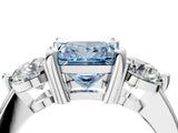 Silver Three-Stone Fancy Blue Princess  Brilliant Cut Solitaire Ring with Prong Setting on a Classic Band