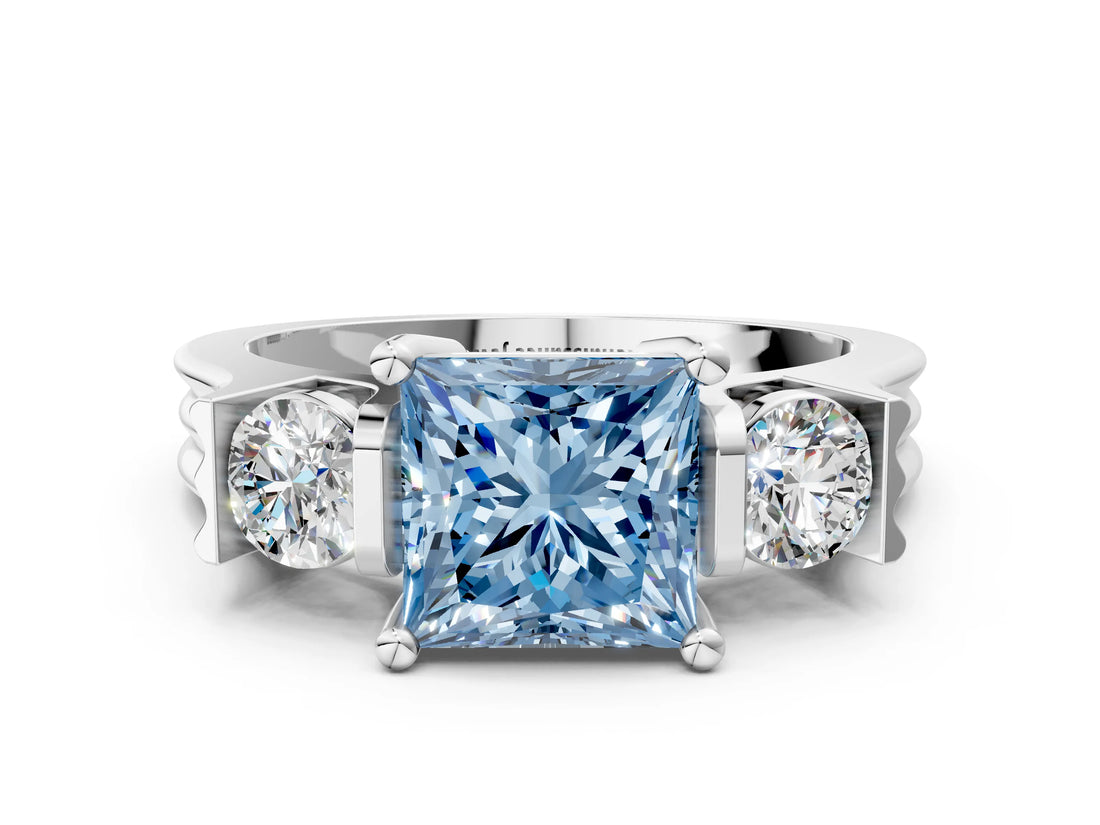 Silver Three-Stone Fancy Blue Princess Cut Cut Classic Band Prong Setting Ring_6