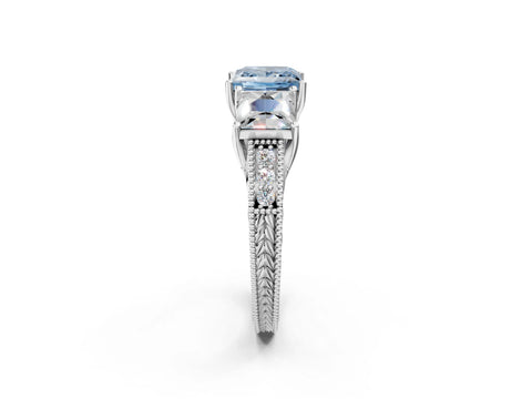 Silver Three-Stone Fancy Blue Princess Cut Cut Milgrain Pavé Engagement Ring_20