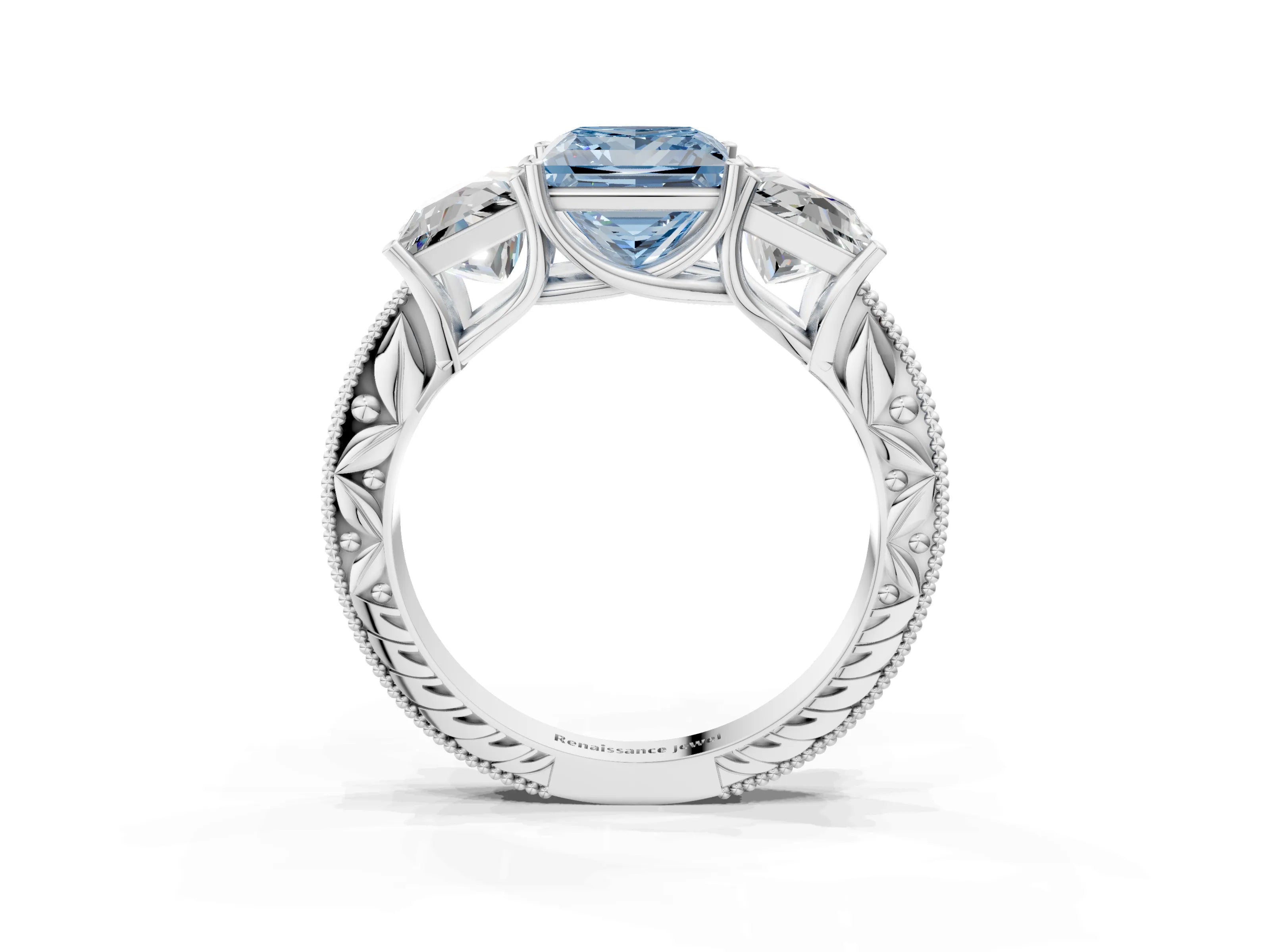Silver Three-Stone Fancy Blue Princess Cut Cut Milgrain Pavé Engagement Ring_21