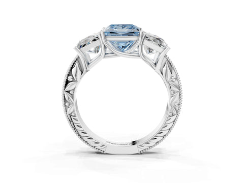 Silver Three-Stone Fancy Blue Princess Cut Cut Milgrain Pavé Engagement Ring_21