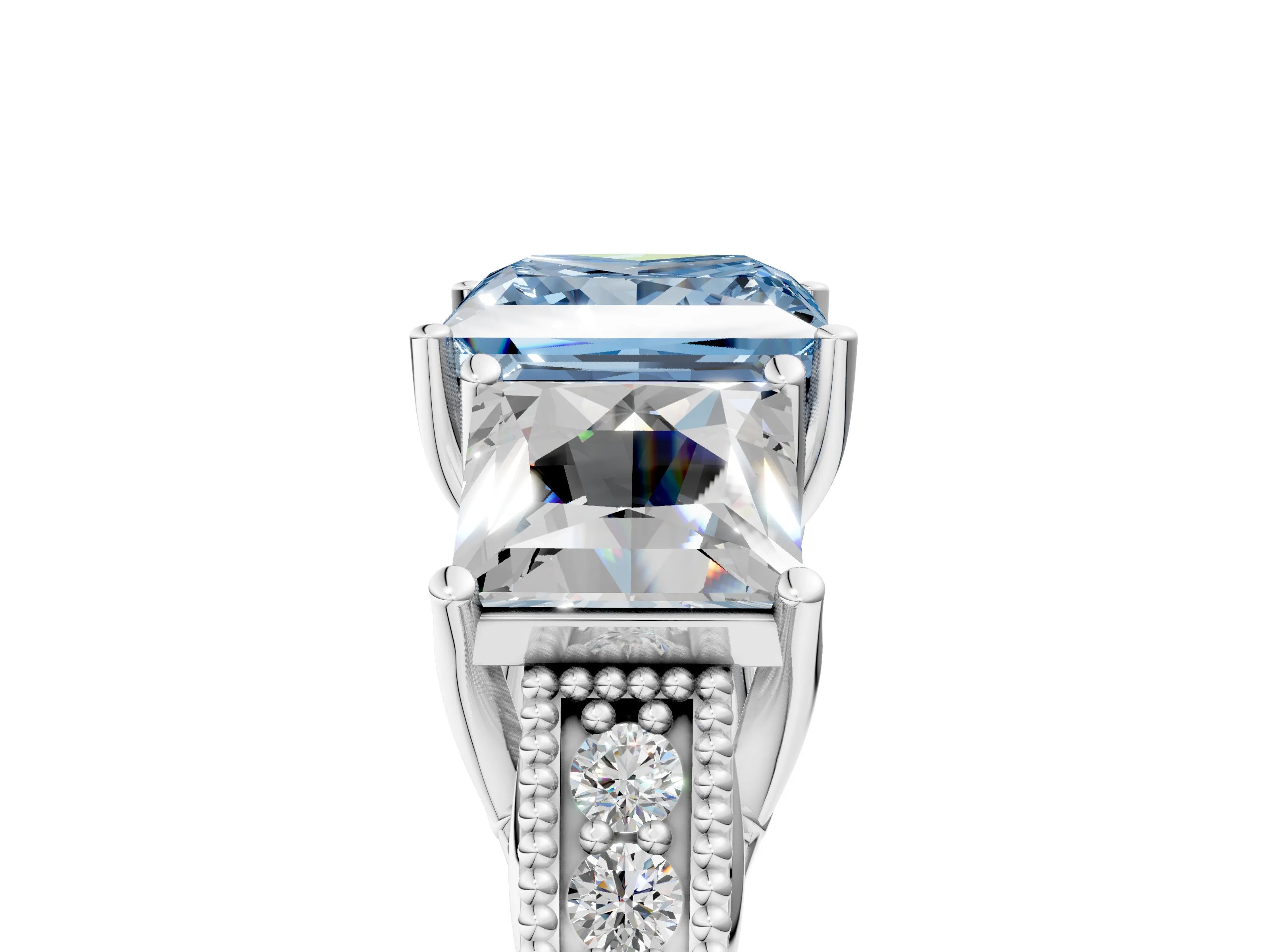 Silver Three-Stone Fancy Blue Princess Cut Cut Milgrain Pavé Engagement Ring_23