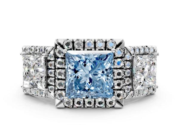 Silver Three-Stone Fancy Blue Princess Cut Halo Diamond Ring with Pave Band and Four-Prong Setting