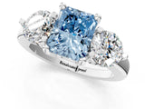 Silver Three-Stone Fancy Blue Radiant  Brilliant Cut Solitaire Ring with Prong Setting on a Classic Band 1
