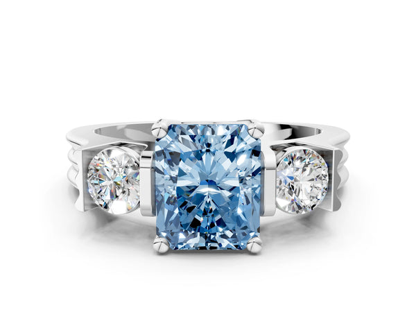 Silver Three-Stone Fancy Blue Radiant Cut Classic Band Prong Setting Ring