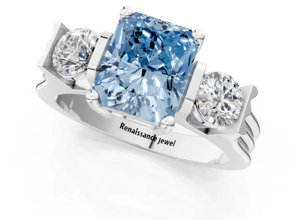 Silver Three-Stone Fancy Blue Radiant Cut Classic Band Prong Setting Ring