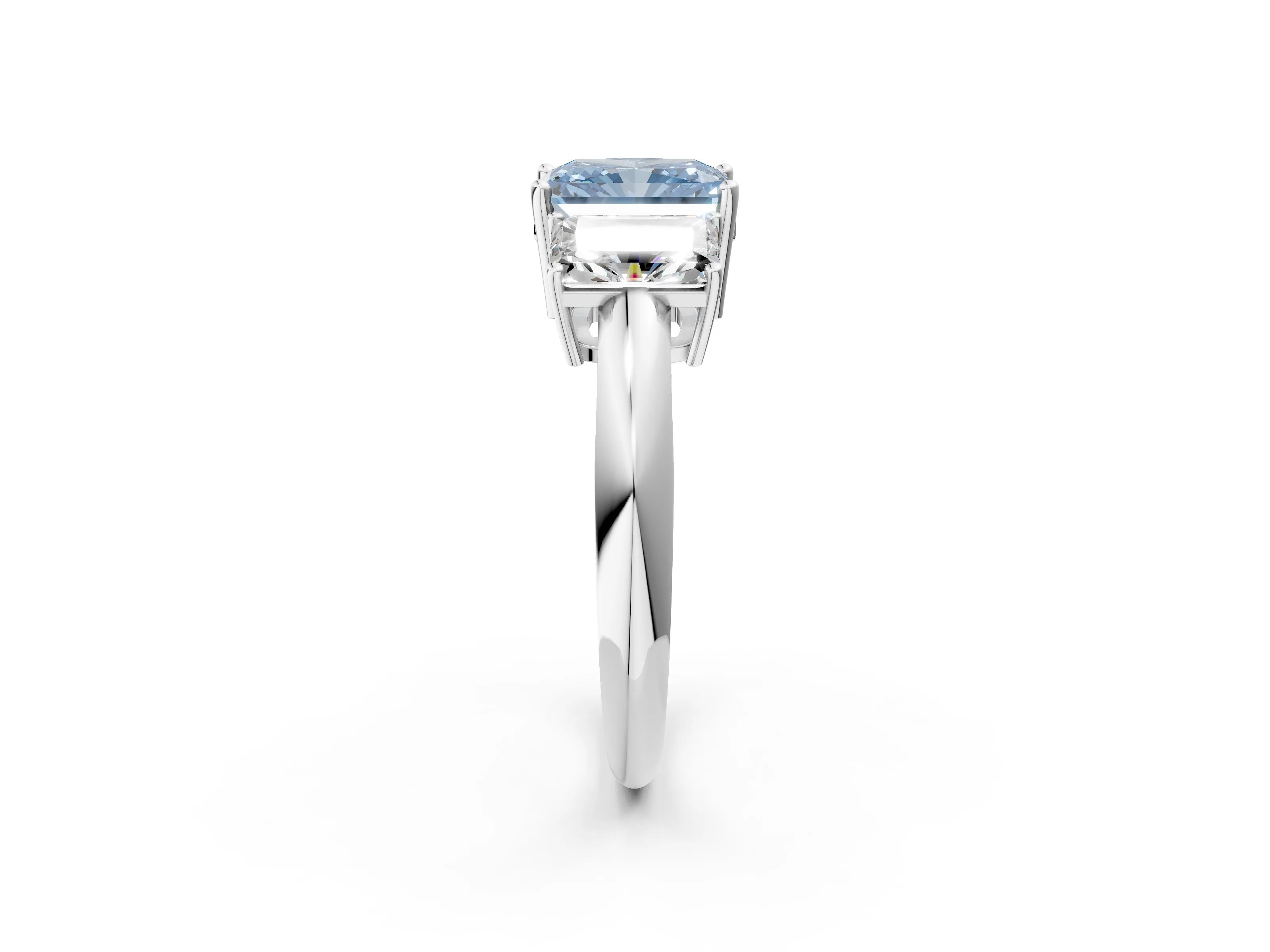 Silver Three-Stone Fancy Blue Radiant Cut Cut Diamond Engagement Ring with Prong Setting on a White Gold Band_44