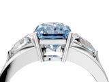 Silver Three-Stone Fancy Blue Radiant Cut Cut Diamond Ring with Trillion Side Stones on a Split Shank Band_10
