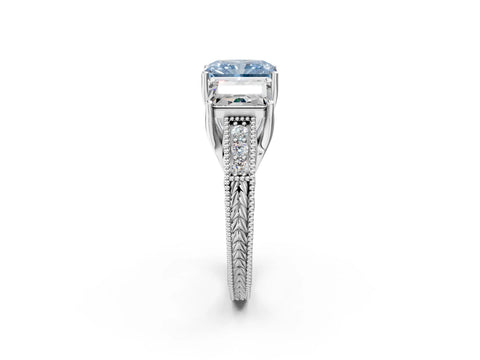 Silver Three-Stone Fancy Blue Radiant Cut Cut Milgrain Pavé Engagement Ring_20
