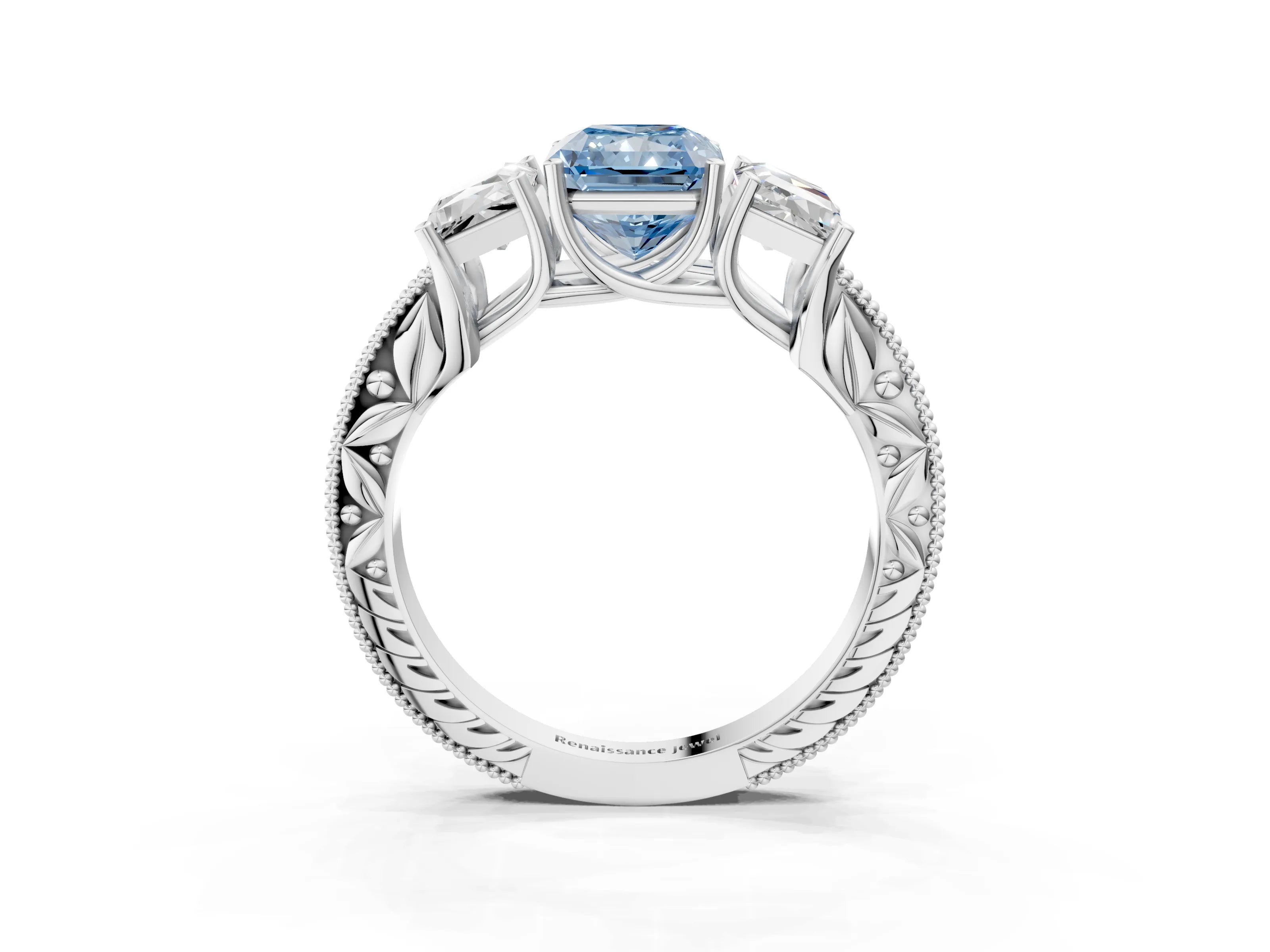 Silver Three-Stone Fancy Blue Radiant Cut Cut Milgrain Pavé Engagement Ring_21