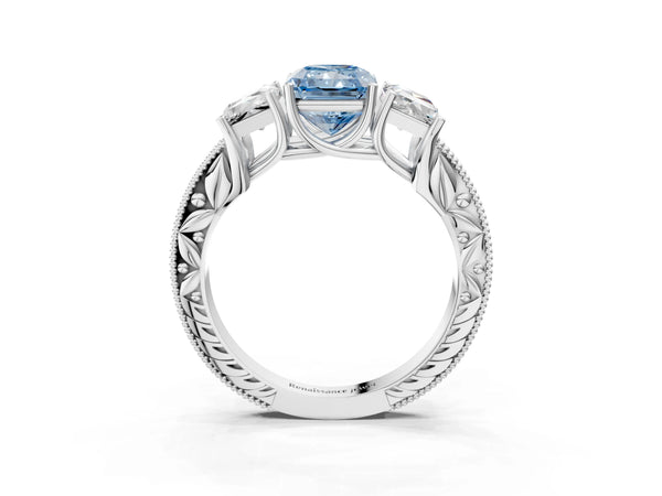 Sterling Silver Radiant Cut Engraved Three Stone Engagement Ring Setting for Fancy Blue Center