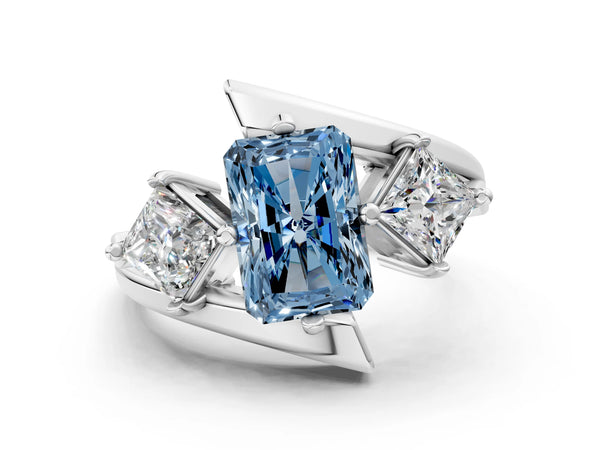 Silver Three-Stone Fancy Blue Radiant Cut Cut Tension Band Ring with Four-Prong Setting