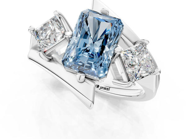 Silver Three-Stone Fancy Blue Radiant Cut Cut Tension Band Ring with Four-Prong Setting