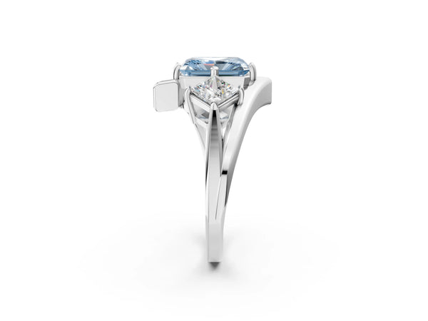 Silver Three-Stone Fancy Blue Radiant Cut Cut Tension Band Ring with Four-Prong Setting
