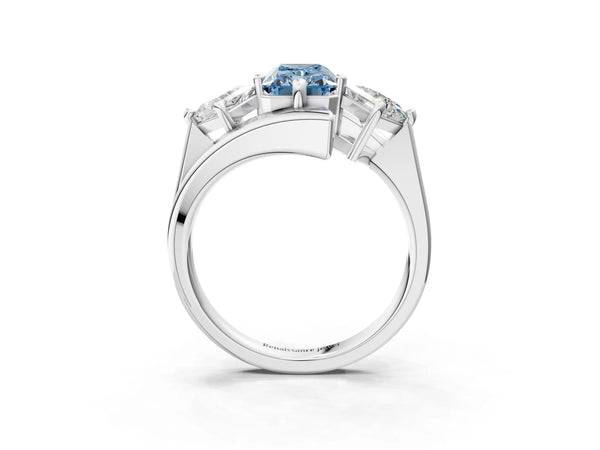 Silver Three-Stone Fancy Blue Radiant Cut Cut Tension Band Ring with Four-Prong Setting