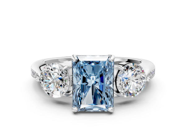 Sterling Silver Radiant Cut Three Stone Engagement Ring Setting for Fancy Blue Center with Pave Band
