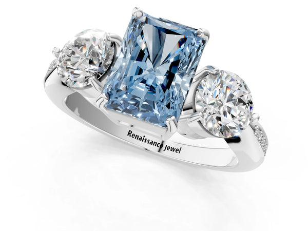 Sterling Silver Radiant Cut Three Stone Engagement Ring Setting for Fancy Blue Center with Pave Band