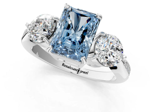 Silver Three-Stone Fancy Blue Radiant Cut Diamond Channel Set Engagement Ring with Prong Setting_19
