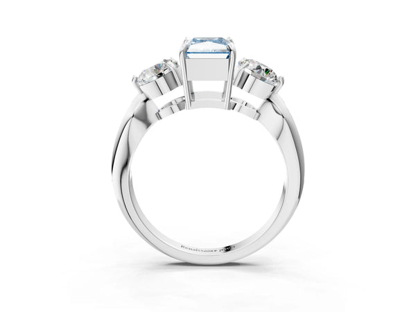 Sterling Silver Radiant Cut Three Stone Engagement Ring Setting for Fancy Blue Center with Pave Band