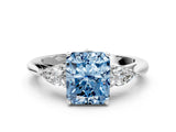 Silver Three-Stone Fancy Blue Radiant Cut Diamond Ring with Pear  Side Stones in Four-Prong Setting_12