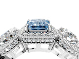 Silver Three-Stone Fancy Blue Radiant Cut Halo Diamond Milgrain Band with Four-Prong Setting_10