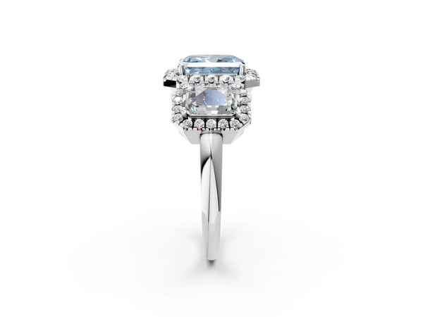 Silver Three-Stone Fancy Blue Radiant Cut Halo Diamond Ring with Pave Band and Four-Prong Setting